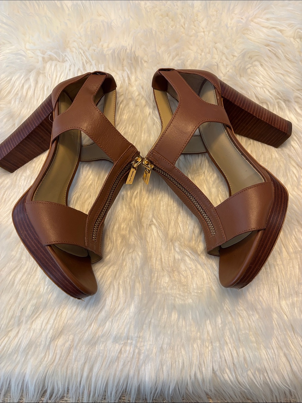 Michael Kors Cognac Leather Zip Front Block Heel Sandals 8M